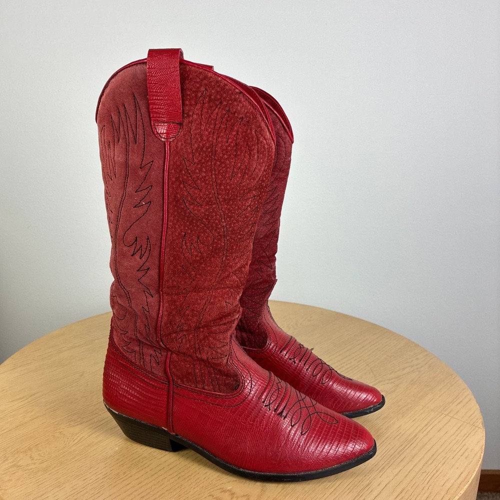 Coasters Red Lizard Embossed Suede Western Cowboy Boots Women's 8 Vintage Retro